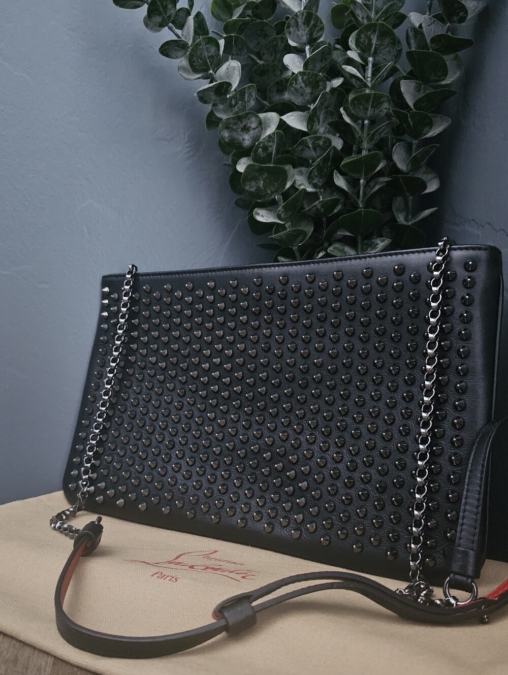 Christian Louboutin Black-Studded Leather Clutch With Red Trim Strap - Picture 2 of 10